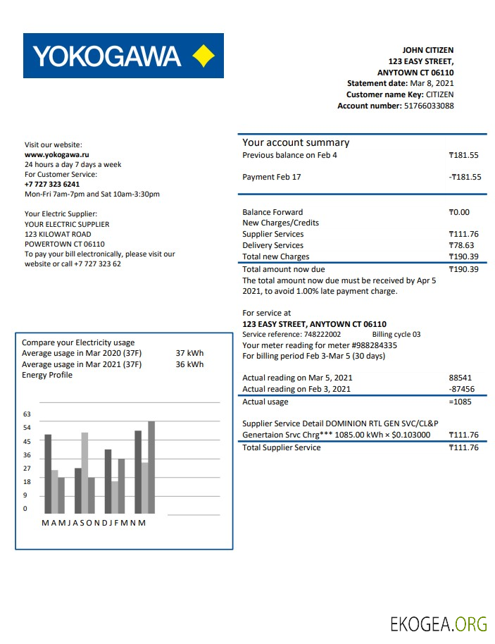 Kazakhstan Yokogawa Electric Kazakhstan utility bill template in Word and PDF format (.doc and .pdf)